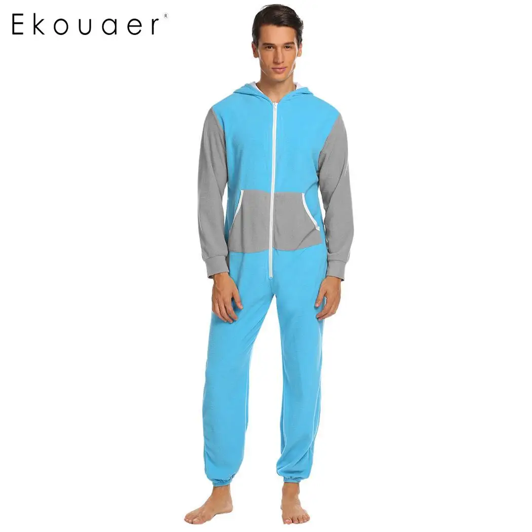 Ekouaer мужской пижамный комплект onesies Пижама флис с капюшоном с длинным рукавом на молнии пэчворк размера плюс цельные пижамы S-XXL - Цвет: light blue