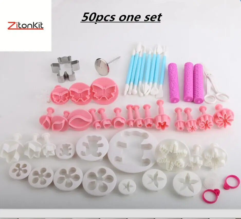 

50Pcs Cake Decorating Tools Set Cookie Cutter Plungers Christmas Fondant DIY Molds Pastry Kits Bucket Rolling Pin Flower Bear