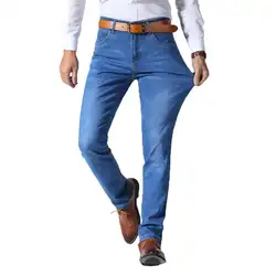 2019 летние новые мужские тонкие легкие джинсы деловые повседневные Стрейчевые изящные джинсы из хлопчатобумажной ткани светло-голубые
