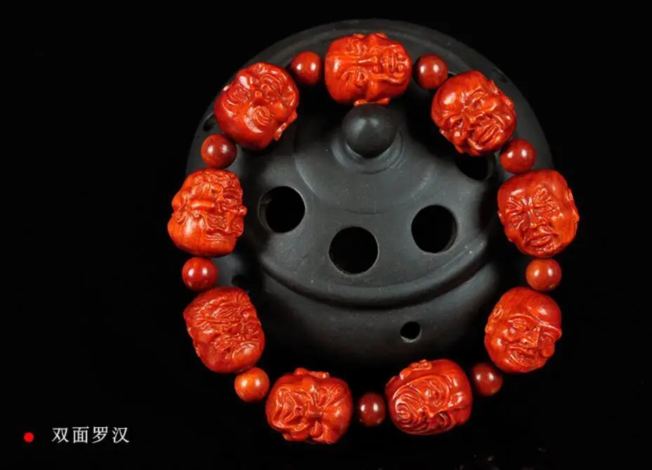 

Tibetan Buddhism Blood Dragon Wood Handwork Carved Lohan Head Fashion Bracelet