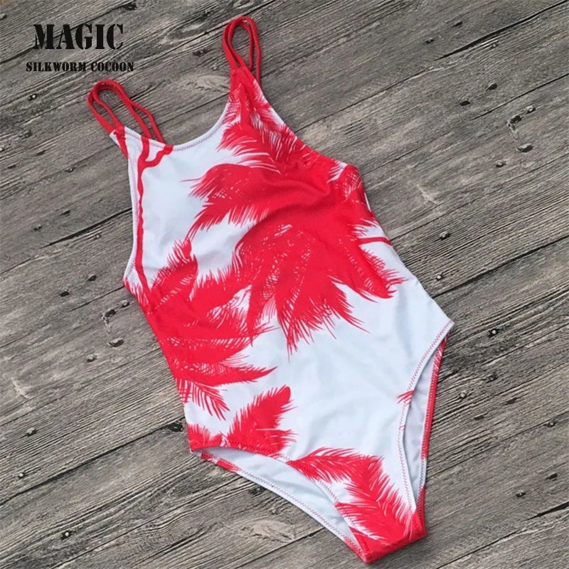 

Coconut Tree Print One Piece Swimsuit New Black Red Bikini Women Swimwear Pool Party Bather Backless Bandage Bodysuit
