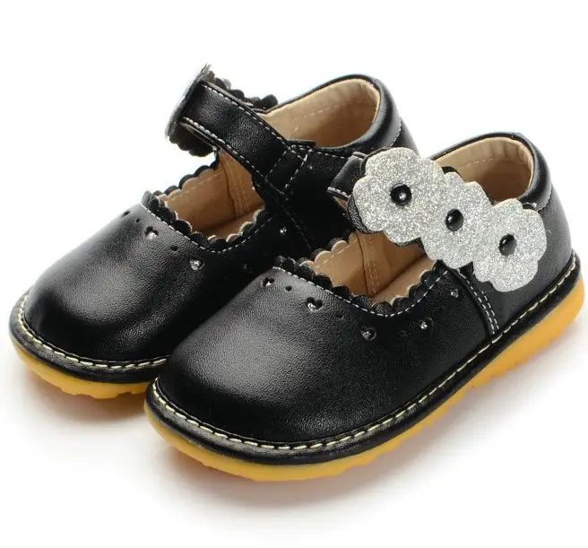 Black with Sliver Flowers Baby Girl Squeaky Shoes Soft Toddler Dress