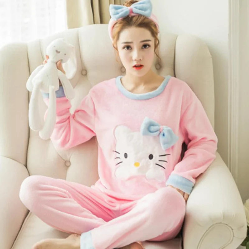 

2 PIECE Pink Pajama Set Nightwear Pijama Home Suit women Winter Warm Pyjama cat long sleeve Winter Flannel lingerie