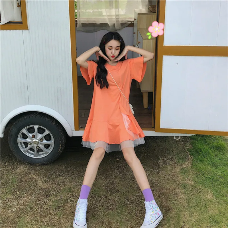 

Dress Women Solid Elegant Loose Mesh Patchwork Korean Style Summer Trendy Sweet Girls Casual Womens O-Neck High Waist Female