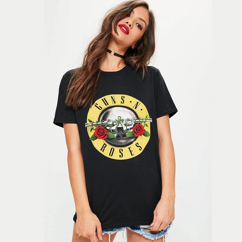 Camiseta con estampado de GUN N ROSES para mujer, Tops de algodón de Rock, de manga corta Casual, Camiseta punk, Camiseta Hipster de Streetwears