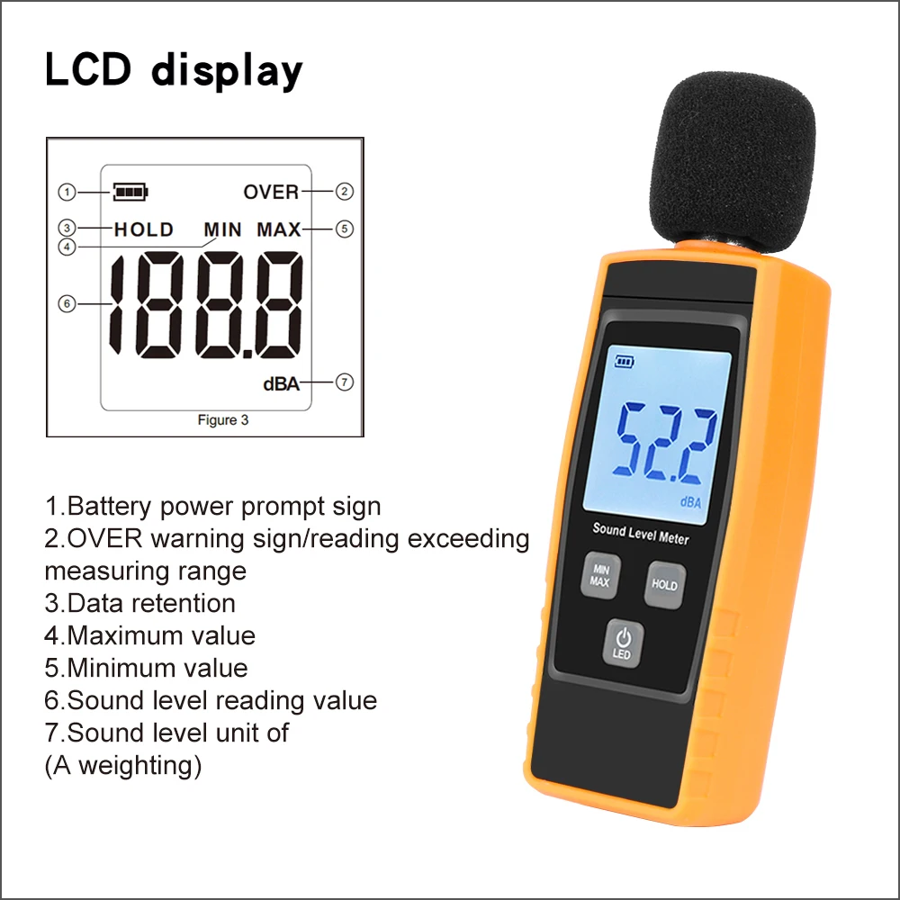 Livello sonoro LCD DIGITALE DECIBEL RUMORE misuratore dei db misurare la pressione monitortester GB 