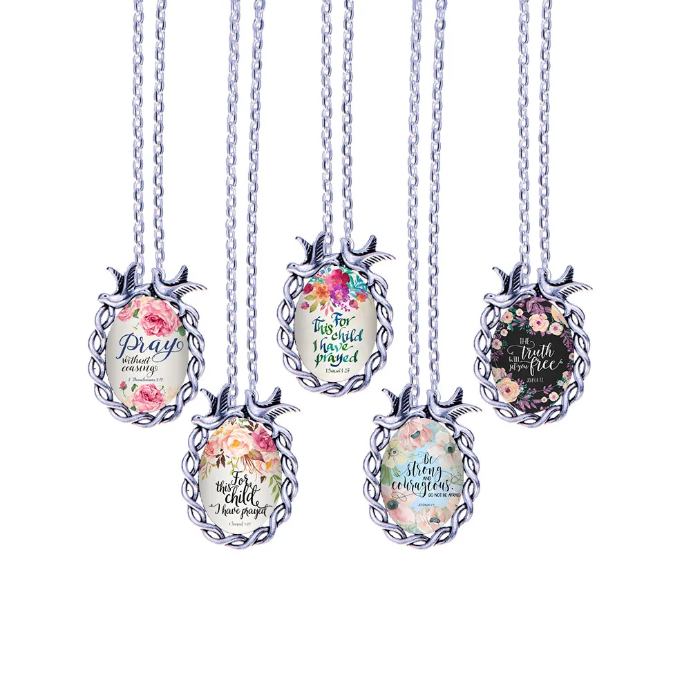 

18*25mm Bible Verses Necklace Oval Pendant Letter Necklace Quote Christian Jewelry Silvery Pigeon Bezel DIY Gifts for Women 5pcs