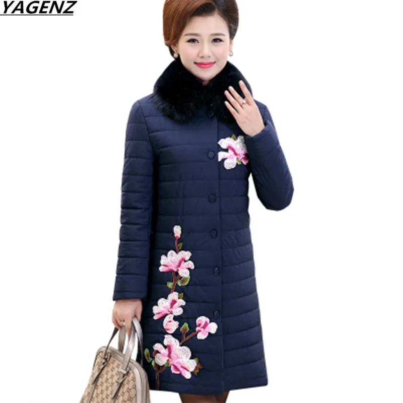 

Female Basic Coats Winter Jacket Embroidery Down Jacket Coat Medium Long Outerwear Middle Aged Women Cotton Jacket Plus Size 478