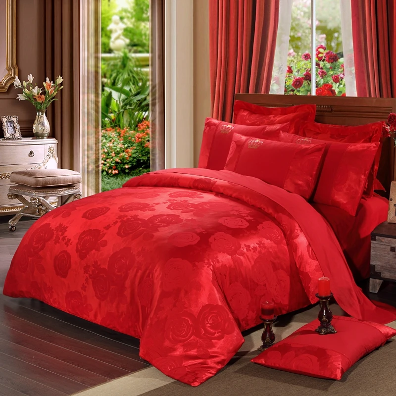 

100% cotton wedding bedding set include duvet cover bed sheet pillowcases satin jacquard home textile set full king queen size.