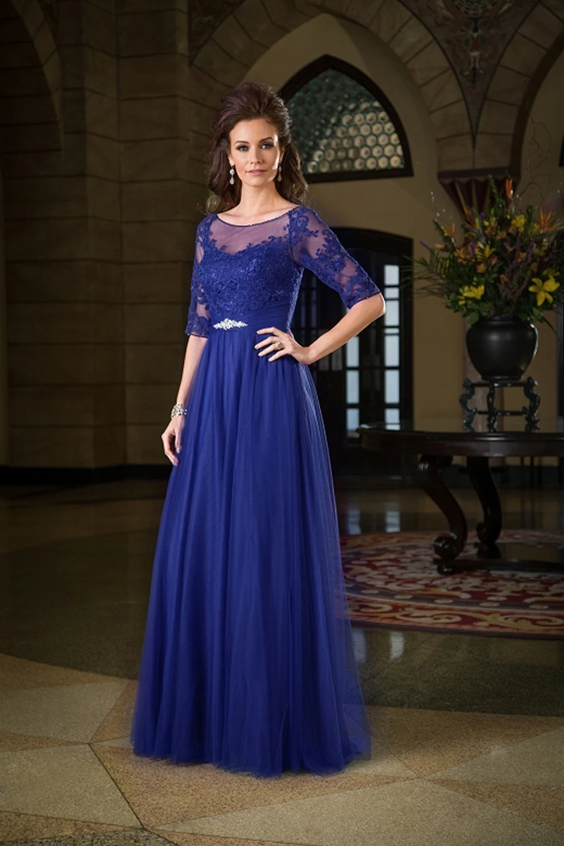 

2015 New Fashion Appliques Lace Royal Blue Mother of the Bride Dresses With Half Sleeves Plus Size Godmother Dress