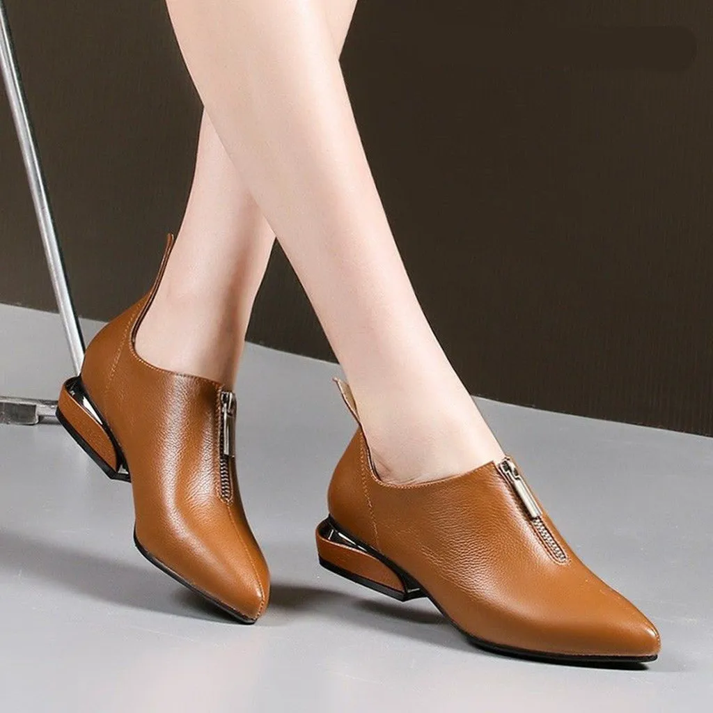 

YOUYEDIAN zipper Women's Solid single shoes New arrival Low Heels Pointed Toe Square Heels single shoes summer Spring Leather