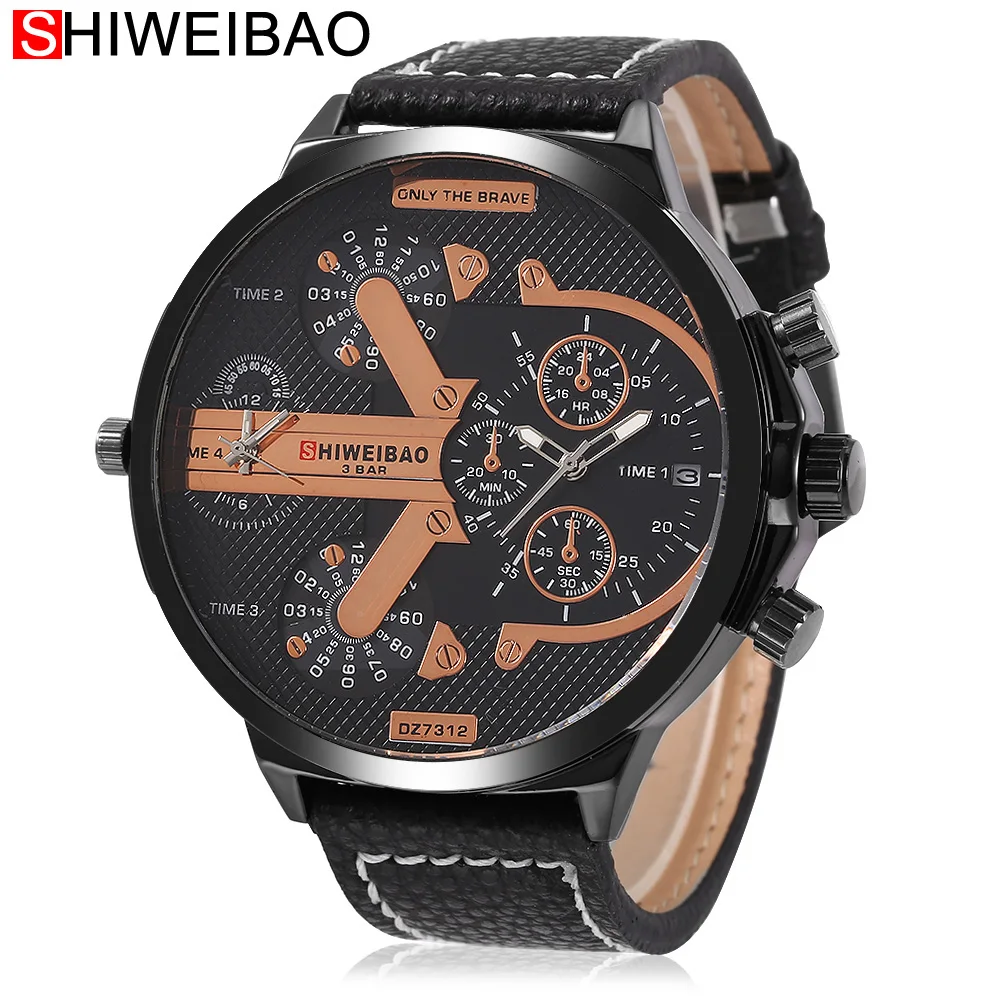 

Mens Big Face Watches 2 Time Zone Leather Band Casual Japan Quartz Movement Wrist Watch Luxury Male Clock Relogio Masculino