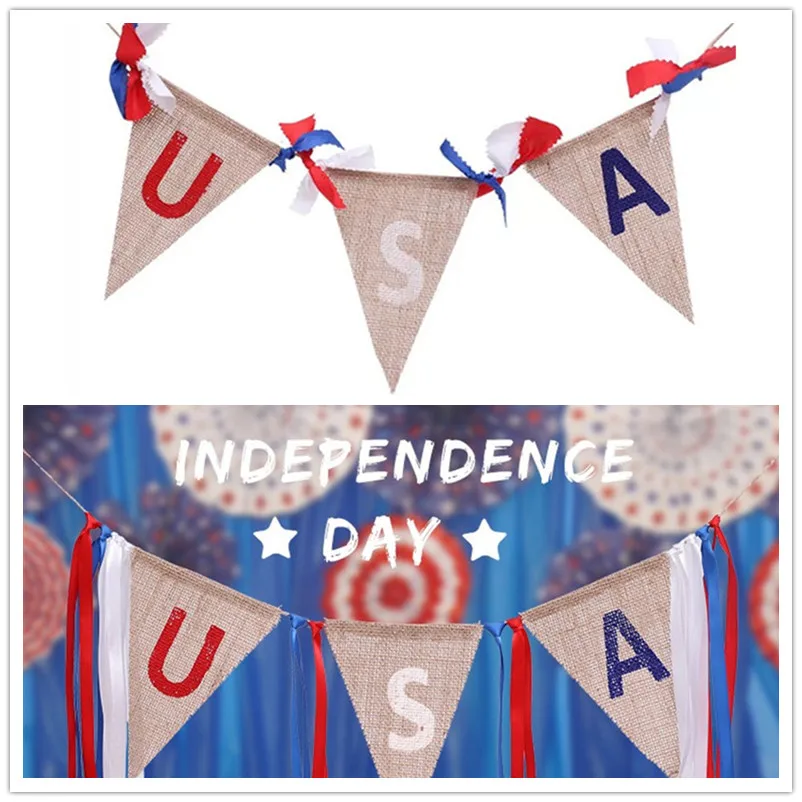 

Independence Day Party Flag US National Day Burlap Flags Happy 4th July USA Banner Party Decoration