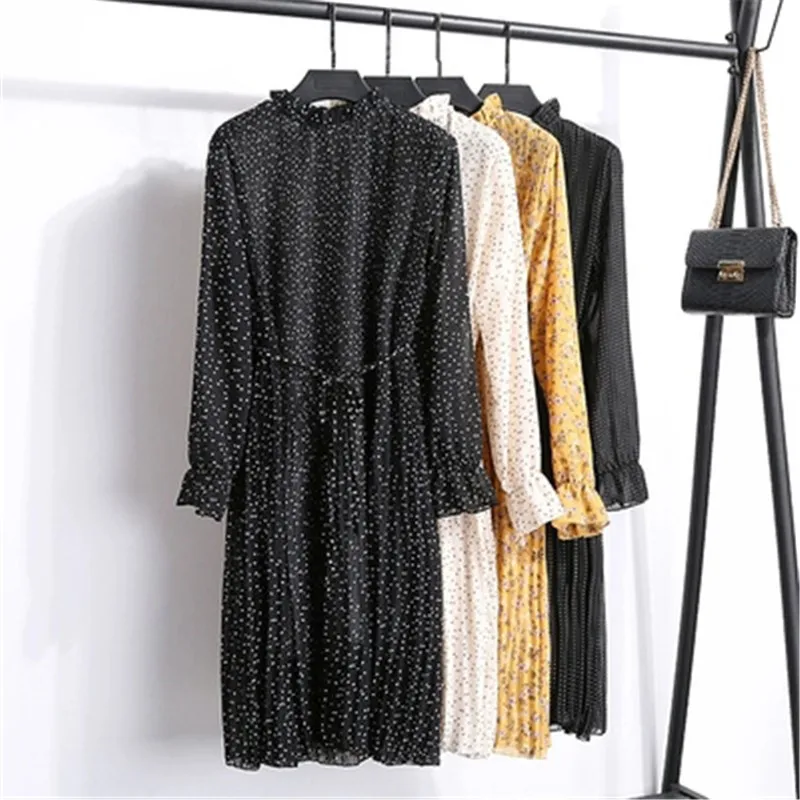 

12 colors 2019 Spring New Floral Belt Long Female Chiffon Dress Long-Sleeved Waist Print Summer Women's Large Size Dress W62