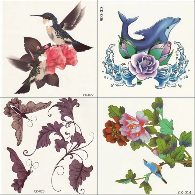 2 pcs/lote rose oiseau dauphin 3d tatouages papillon bleu rouge