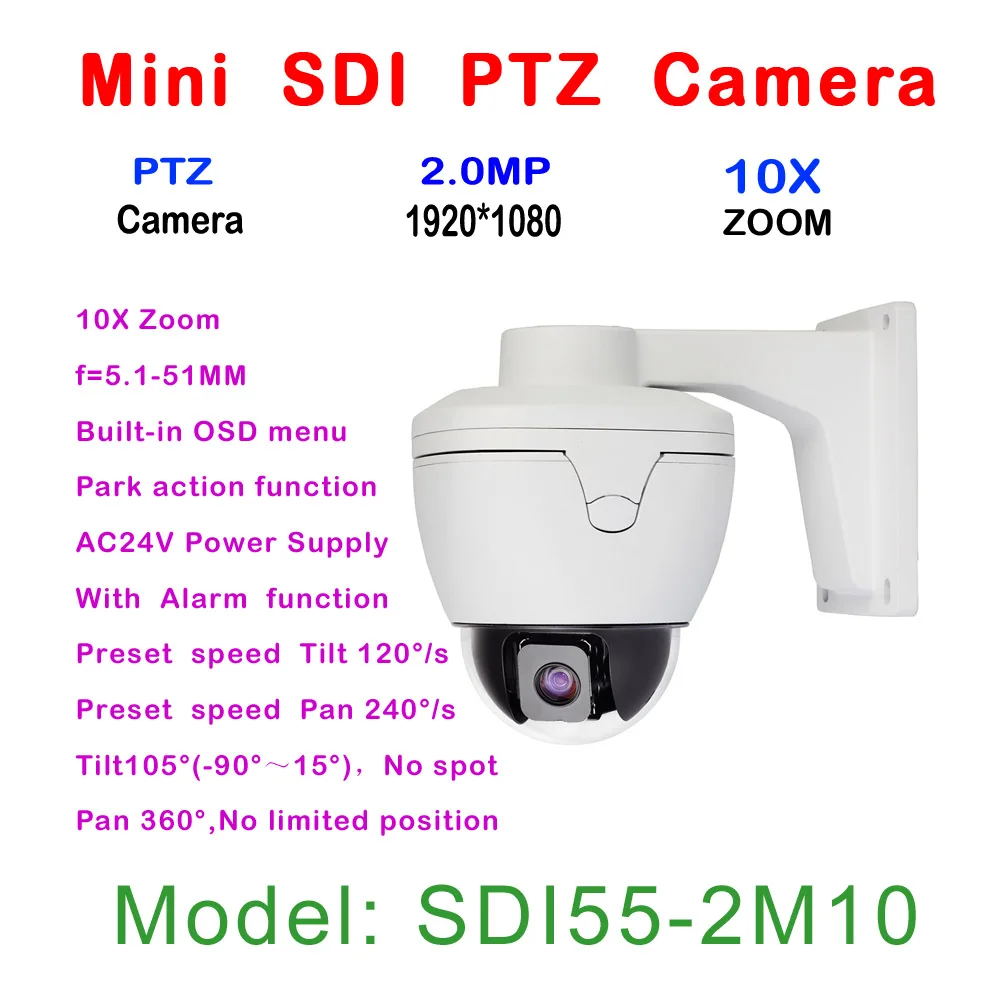 

10x Auto Zoom 2MP Mini High Speed Dome PTZ Camera HD-SDI 1080P, 5.1 - 51 mm Auto Focus Zoom Lens, 1/2.8 Type CMOS, With Alarm