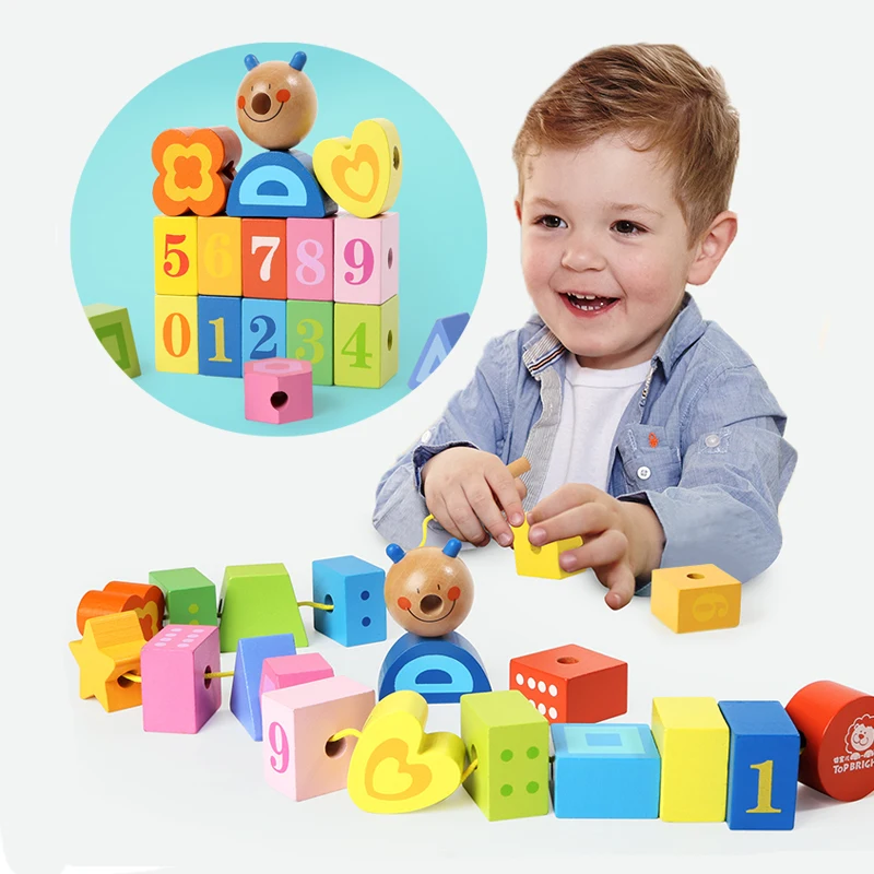 Wooden blocks toys set Building blocks for toddlers 20 pcs blocks threading wood toys DIY