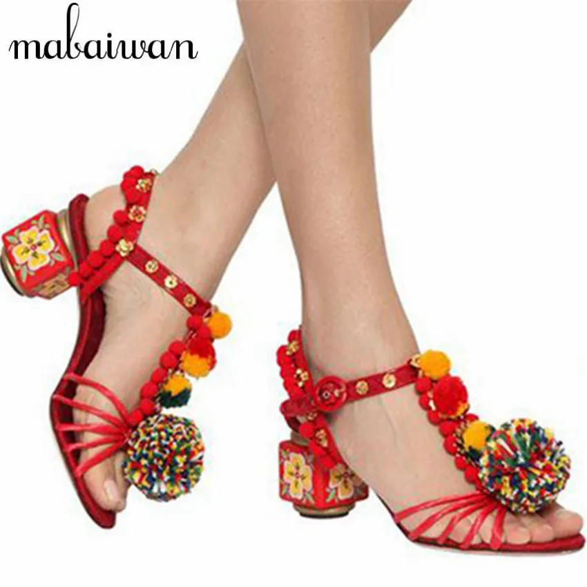 Ethnic Summer Crystal Fringe Pom Pom Gladiator Sandals Designer Handmade High Heels Vintage Print Women Pumps Ladies Shoes Woman