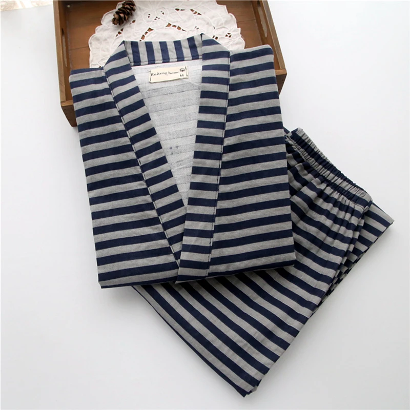 

Striped Cotton Gauze Japanese Kimono Robe & Pants Pajama Set for Women and Men Couple Sleepwear Yukata Set Work Kimono Costume