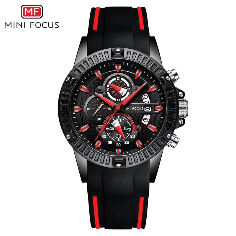 Модные спортивные часы мужские мини-фокус Синие Кварцевые водонепроницаемые часы с резиновым ремешком маленькие циферблаты с круглым циферблатом и календарем Роскошные брендовые - Цвет: BLACK RED