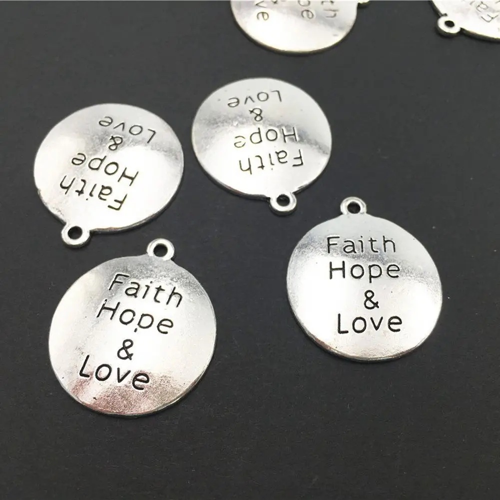 Упаковка из 10 сплав Древний серебряный "Faith Hope& Love" Круглый DIY античный Сообщение Подвески кулон для изготовления браслета и ожерелья