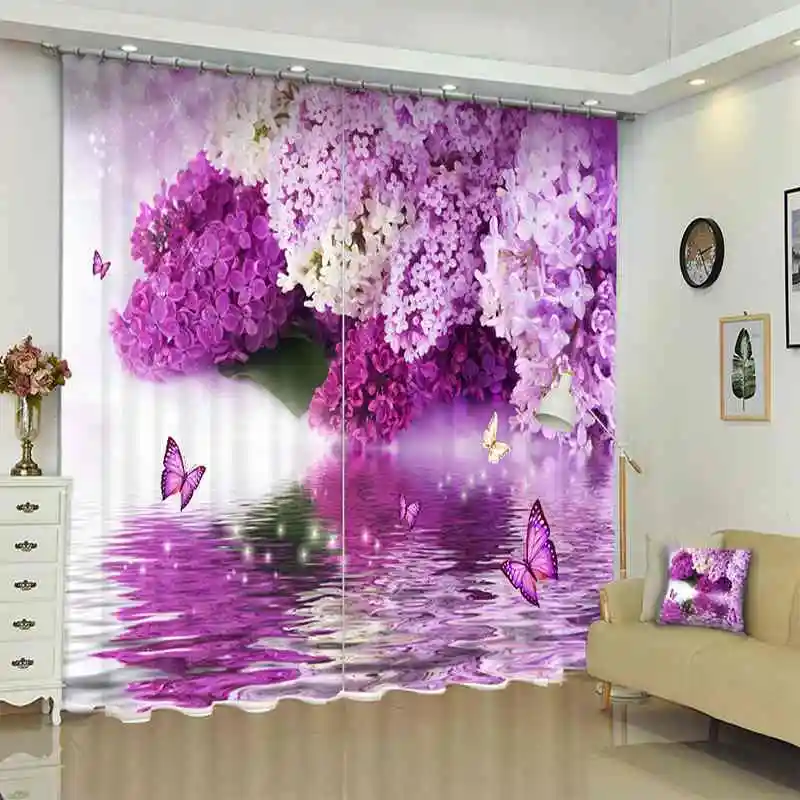 

1Set 100% Blackout Rate Curtain Purple Floral 3D Print Window Curtains Drapes For Living Bed Room Hotel Wall Tapestry