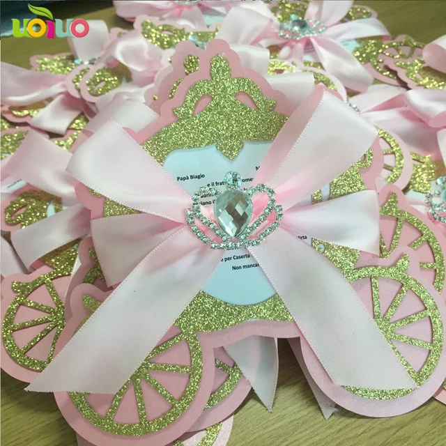 Glitter Gold With Pink Card Lovely Laser Cut Unique Carriage Baby