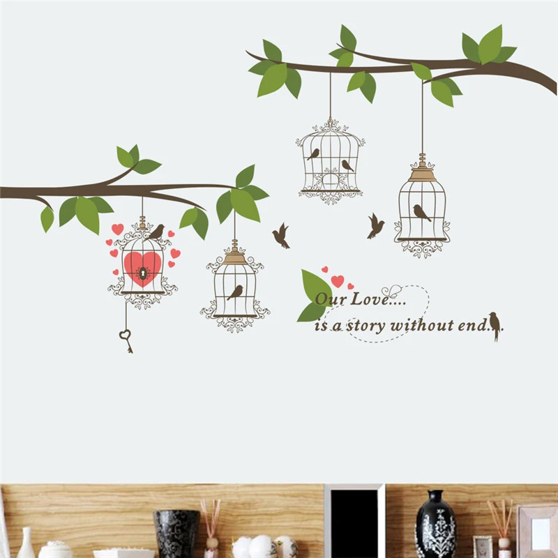 Stickers Muraux Arbre Oiseaux Cage A Oiseaux Autocollant Mural Maison Chambre Branche Fleur Citation Decalcomanie Vinyle o Com Ph