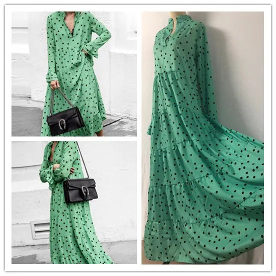 

Fashion Women Autumn Long Sleeve Polka Dot Deep V Lapel Casual Loose Long Dress Cocktail Party Costume S-XXXL