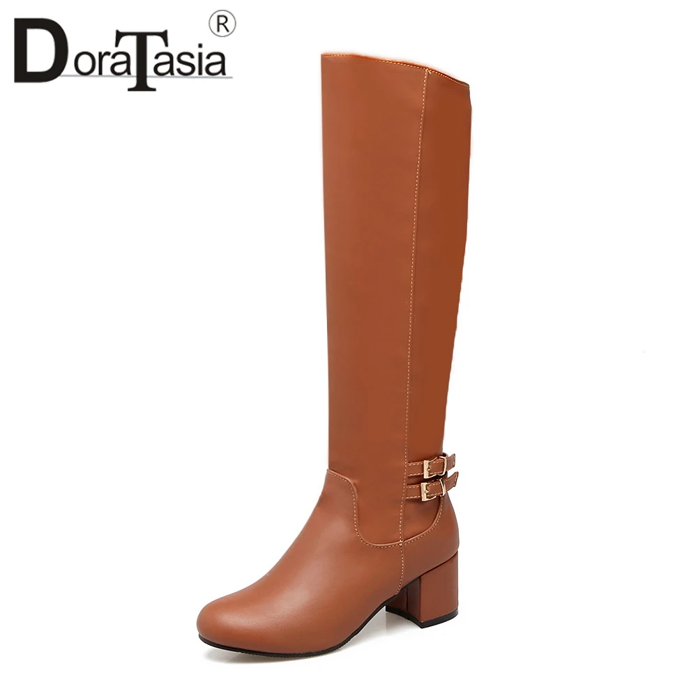 

DoraTasia Plus Size 34-43 Comfortable 5.5cm High Sqaure Heels Solid Slip On knee-high Women Boots 2019 Thick Fur Addable