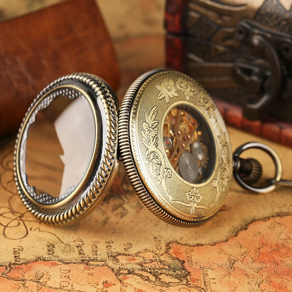 YISUYA Carving Pendant Pocket Watch Hand Winding Mechanical Steampunk Watches Vintage Bronze Ear Round Case Necklace Clock Men (11)