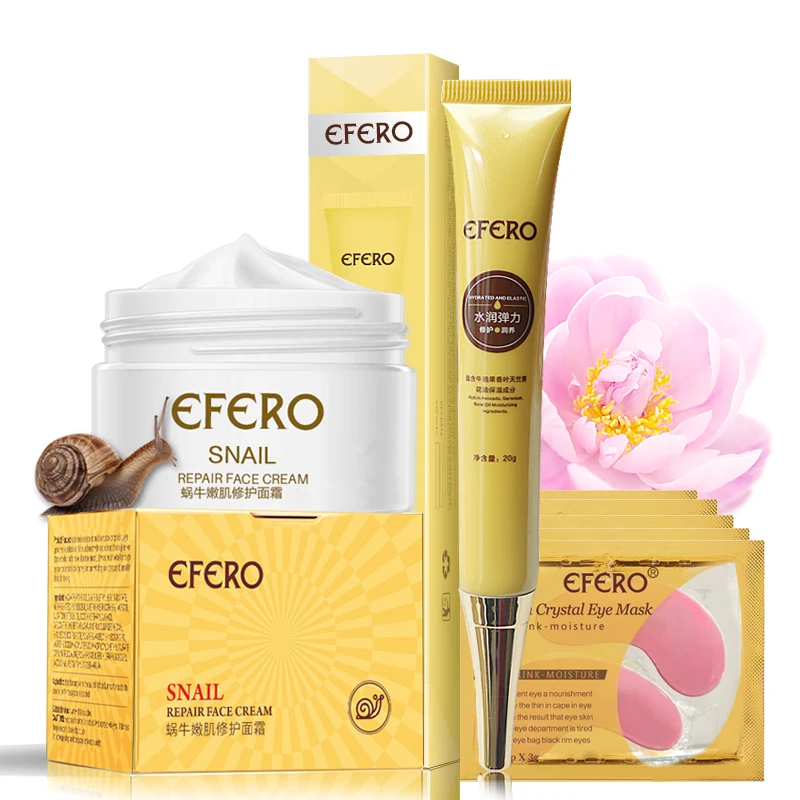 EFERO Face Cream with Snail Essence Deep Repair Serum+Collagen Anti Wrinkle Firming Eye Cream+5Pack Crystal Collagen Eye Mask