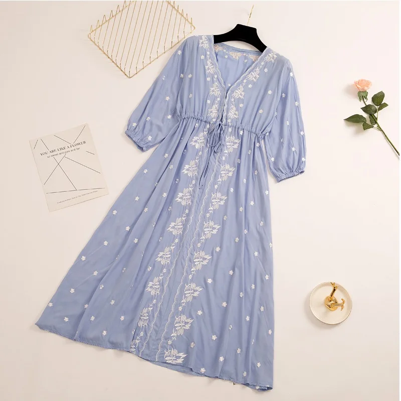 Embroidery Vintage Beach Midi Dress Swimwear Ladies Cotton Slim Casual Tunics Kaftan Beach Dress gravida Summer Boho Dress - Цвет: Синий