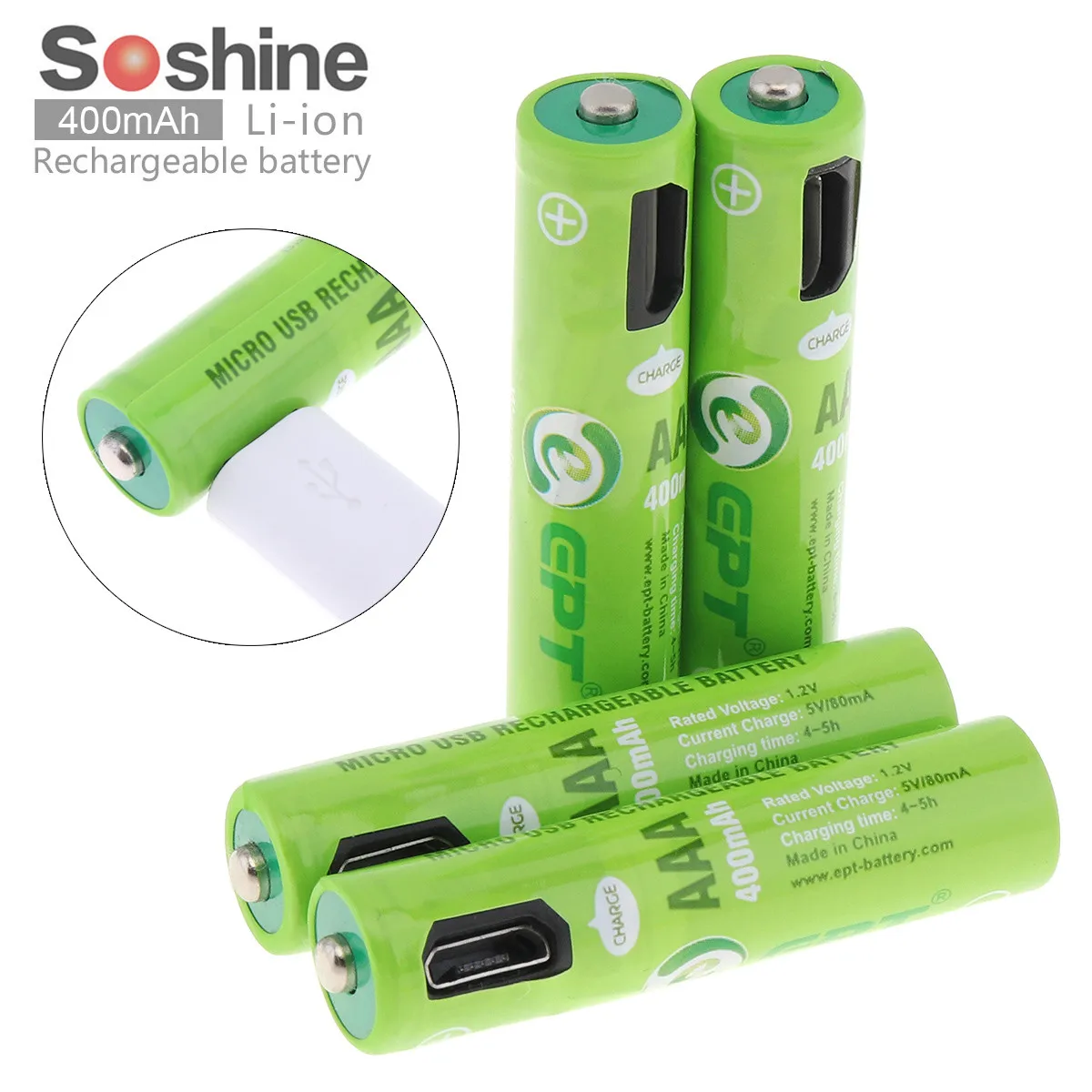 

4pcs Soshine 400mAh 1.2V NiMH Ni MH AAA Rechargeable Battery with Micro USB Port 2 Ways to Charge for Wireless Mouse Alarm Clock