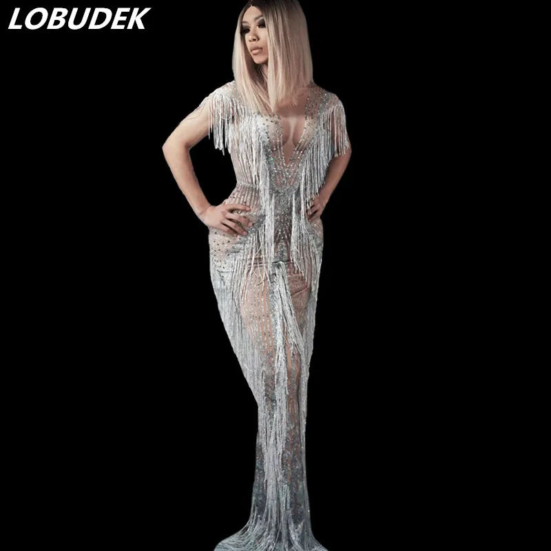 

Fashion Women Silver Rhinestones Tassels Sheath Dress Floor-Length Tight Long Dress Singer Host Evening Party Bar Stage Costume
