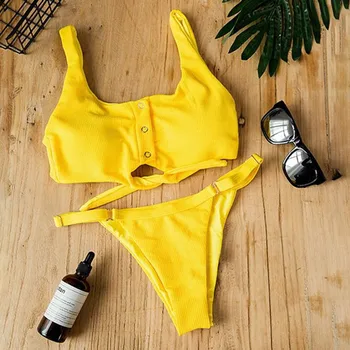

Sexy Women Bikini Set Solid Yellow Black Red White Push Up Padded Bikini 2019 Swimwear Button Bow Swimsuit Women Swimming Suits