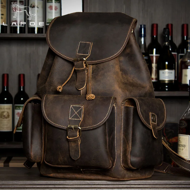 

Man backpack travel bag lederen rugzak man woman genuine leather crazy horse vintage backpack bag casual mochila hombre