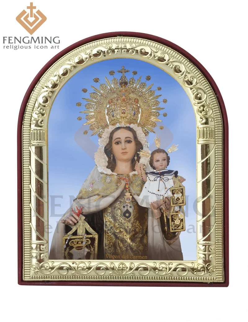 

Can custom wholesale catholic Virgen del Carmen religious decoration gifts of metal silver gold frame on plastic