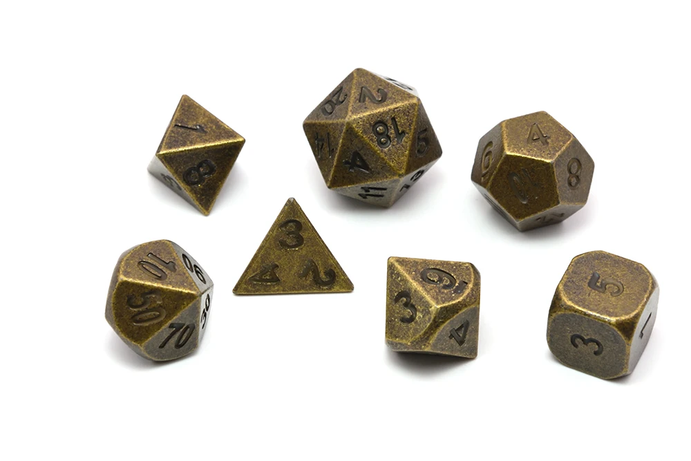 Jogo de dados de metal polyhedral de 7 com saco de dados para jogos de tabuleiro rpg dnd mtg cobre antigo