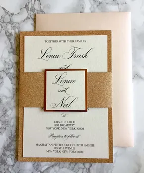 

CA0751 Champagne Gold Glittering Wedding Invitations with Peach Envelope