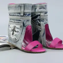 Новая мода кожаный ремешок носком женские ботильоны карман сбоку пикантные женские джинсовые Сапоги и ботинки для девочек увеличился танкетка модельные туфли для женщин