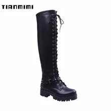 

TIANMIMI 2018 Winter Women Black Thigh High Boots Knee High Punk Style Motorcycle Booties Rivets Buckle Lace-up Flat Shoes