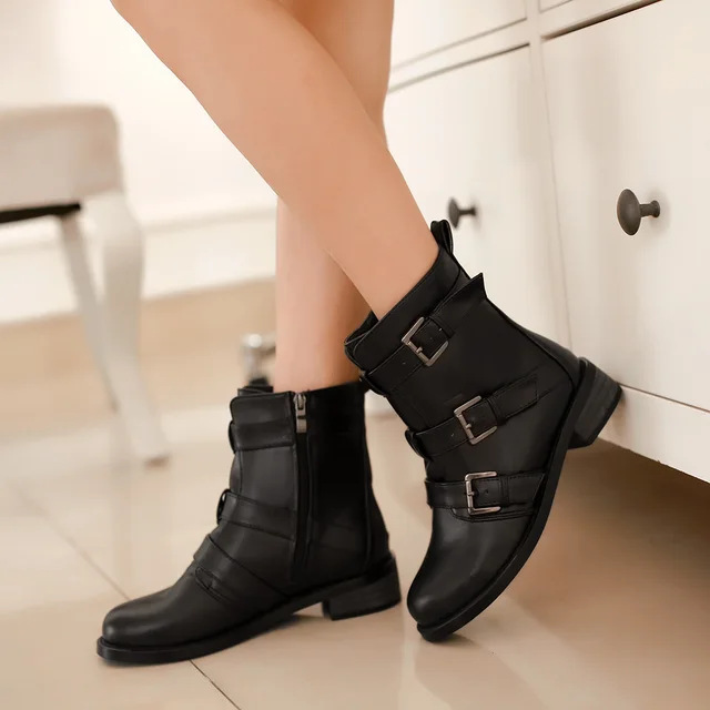 Women Brand PU Leather Motorcycle Boots Biker Buckle Strap Soft ...