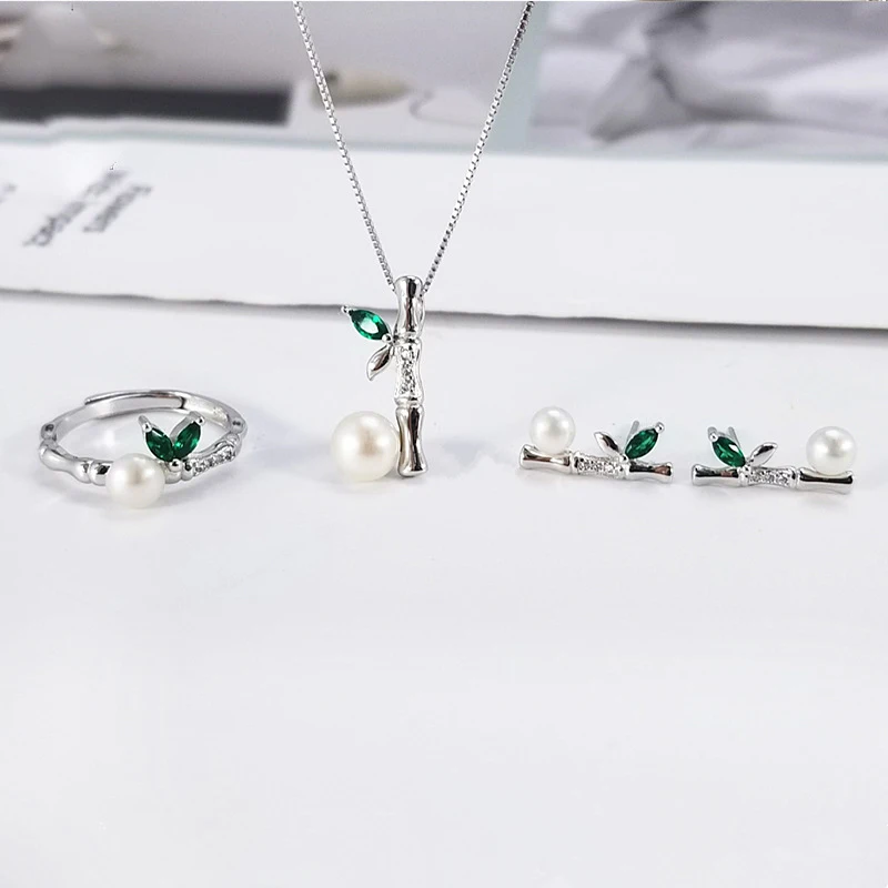 

925 Sterling Sliver Inlaid Green Zircon Bamboo Shape Pearl Jewelry Mounts New Freshwater Pearl Jewelry Set Pendant Ring Earrings