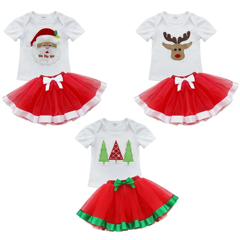 Милые рождественские топы и платья для маленьких девочек 12 мес.-5 лет, наряды, одежда для вечеринки, дня рождения, повседневная одежда, Санта-Клауса, оленя, красного цвета