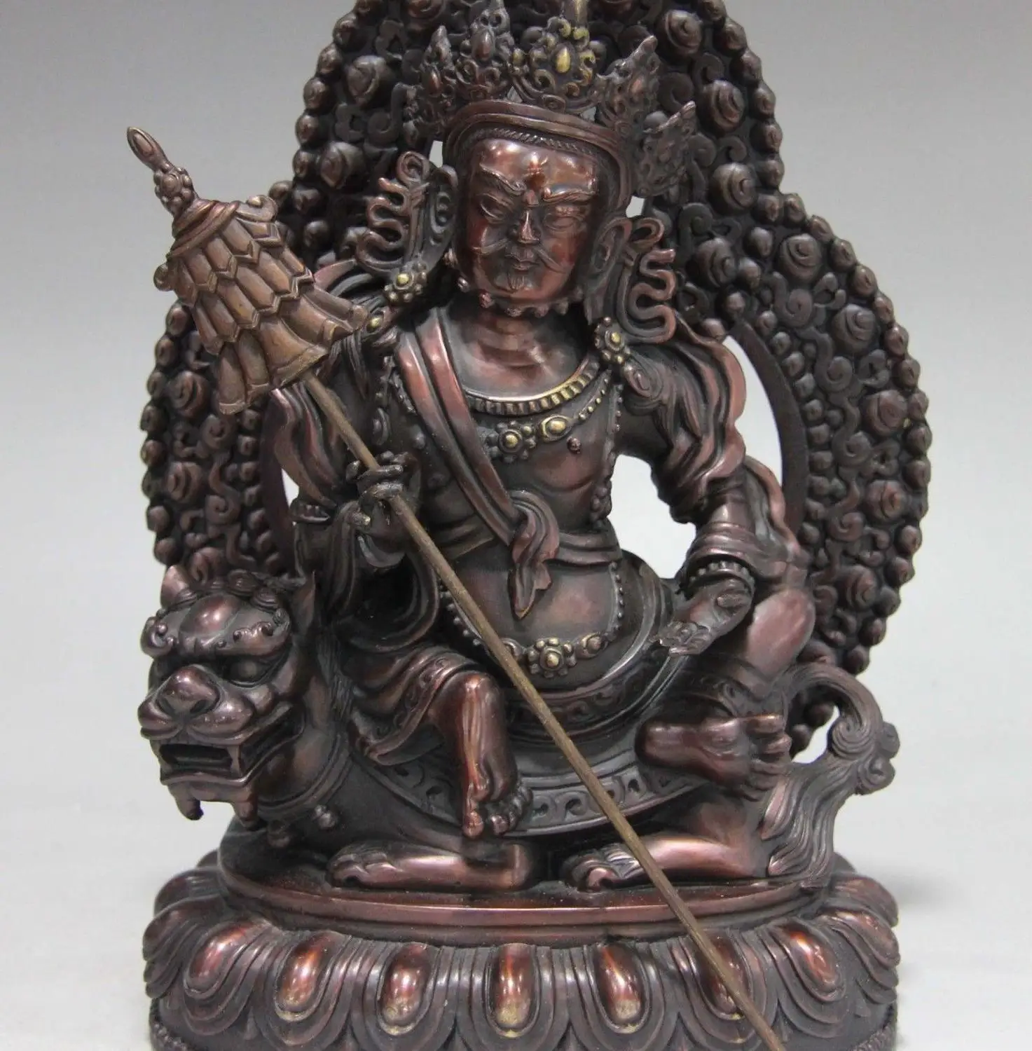 

China Tibet Buddhism Temple Red Copper Bronze Sit Lion Vaishravana Buddha Statue