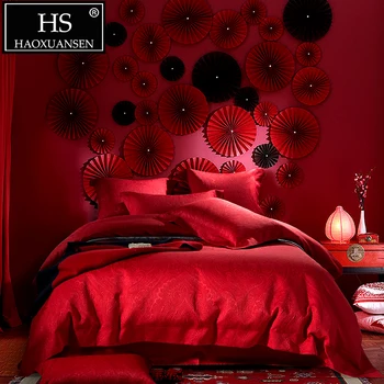 

HS 120S Red Paisley Pattern Jacquard 4pcs Comforter Bedding Sets Pure Color Bed Linens Thickened King Size Duvet Cover Set