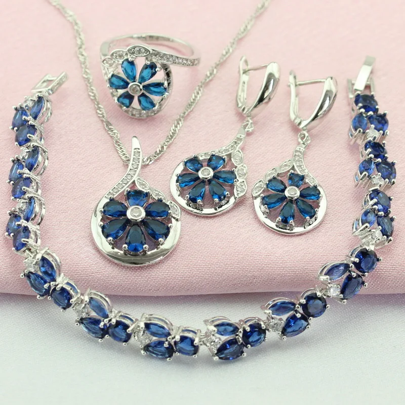 

WPAITKYS Trendy Blue Cubic Zirconia 925 Sterling Silver Jewelry Sets For Women Party Earrings Bracelet Pendant Ring Free Box