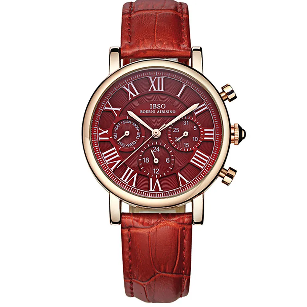 IBSO Luxury Fashion Watches for Women Grand Red Dial Rose Gold Quartz