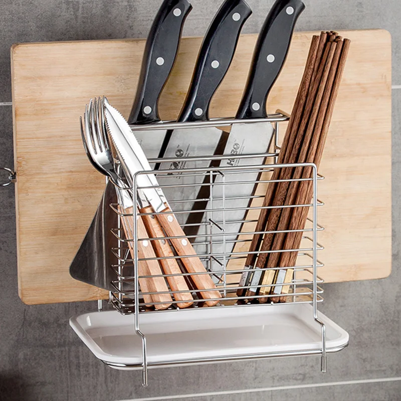 Stainless steel hanging chopstick cage fork spoon holder Knife rack reinforced kitchen supplies cutting board shelves with hooks Stainless steel hanging chopstick cage fork spoon holder Knife rack reinforced kitchen supplies cutting board shelves with hooks